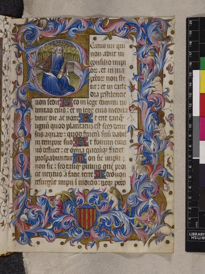 Adja hozzá az MS 28962 f.82r „B” kezdőbetűjét, amely Dávid királyt ábrázolja, I. zsoltár, „Psalter and Hours, Dominican use” vagy „Aragóniai V. Alphonso imakönyve”, 1436-43 körül (tinta, szín és arany pergamen ) alkotó: Spanish School