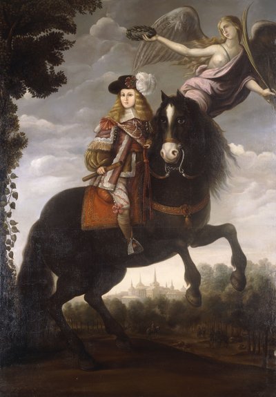 II. Károly király lovas portréja, teljes hosszúságban, piros kabátban, fehér díszítéssel, amelyet egy angyal babérral koronázott meg, Madrid a távolban, 1685 körül alkotó: Spanish School