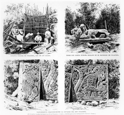 Augustus Le Plongeon Chichen Itzában felfedezett műtárgyak, illusztráció a La Ilustracion Espanola y Americana 1877-ből alkotó: Spanish School