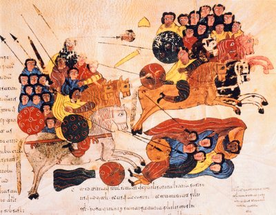 Harc a héberek és a filiszteusok között, Szent Izidor vizigót-mozarab Bibliájából, fol.119r., A.D. 960 (tempera on vellum) alkotó: Spanish School