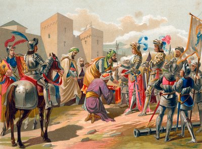 Boabdil átadja Granadát a katolikus koronának alkotó: Spanish School
