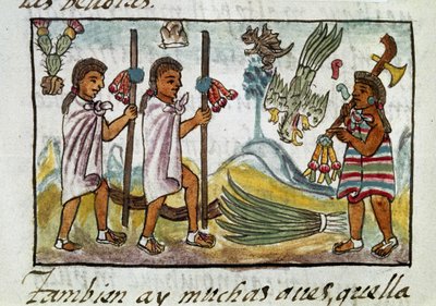 Mexikó meghódításának kódexe: Tzinacantlanban álcázott kereskedők. Bernardino de Sahagun "Storia degli Aztechi" (Az aztékok története) című firenzei kéziratának miniatúrája. alkotó: Spanish School