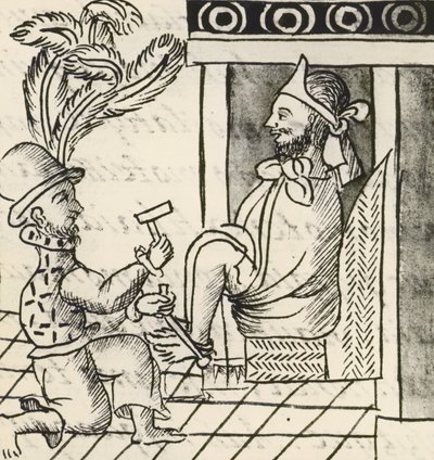 Mexikó meghódításának kódexe: a háború kitörése, Montezuma azték császár vasra verve. alkotó: Spanish School