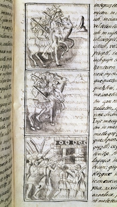Mexikó meghódításának kódexe: a spanyolok készen állnak Tenochtitian városának megtámadására. Bernardino de Sahagun "Storia degli Aztechi" (Az aztékok története) című firenzei kéziratának miniatúrája. alkotó: Spanish School