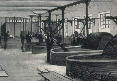 Gazdaság (XIX. század). Papírgyár Spanyolországban "" La Guipuzcoana "". A tolosai (Guipuzcoa) gyár hengerszobája és mosója. metszés alkotó: Spanish School