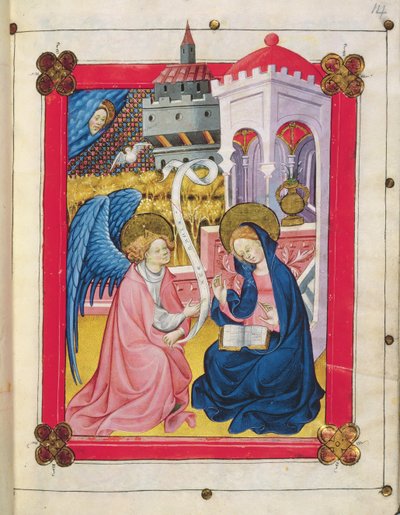 Pl. 2653 f.14 Angyali üdvözlet, a Boldogságos Szűz Mária óráiból (vellum) alkotó: Spanish School