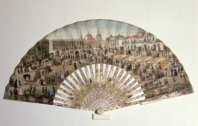 A madridi Plaza de la Cebadát ábrázoló ventilátor (papíron elefántcsont és gouache) alkotó: Spanish School
