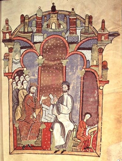 Fol.1r Udvari jelenet írnokokkal, a Liber feudorum maiorból alkotó: Spanish School