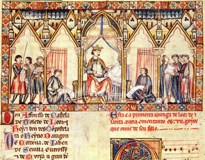 Fol.5r X. Alfonso (1221-84) bölcs udvara, Kasztília és León királya, miniatűr a Cantigas de Santa Maria-ból alkotó: Spanish School