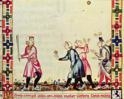 Fol.61v Pelota játék a szabadban, X. Alfonso (1221-84) A bölcs, Kasztília és León királya irányításával készült kéziratból alkotó: Spanish School
