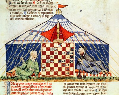 Fol.62v Két arab sakkozik egy sátorban, a játékok könyvéből, sakk, kocka és táblák, 1282 alkotó: Spanish School