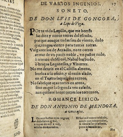 GOGOORA Y ARGOTE, Luis de (1561-1627). Spanyol költő az aranykorból; VEGA CARPIO, Felix Lope de (1562-1635). Soneto a Lope de Vega" (Szonett Lope de Vegához), vers a "Poesias varias de grandes ingenios espanoles" című, Ios által összeállított gyűjteményben alkotó: Spanish School