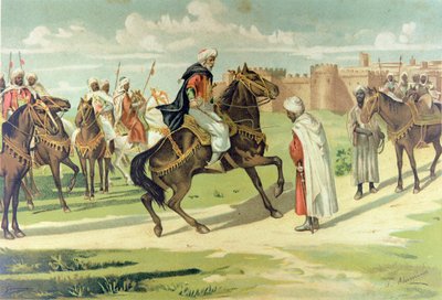 Muza Ibn Nusayr tábornok megkorbácsolja helyettesét, Tarikot, mert az nem engedelmeskedett a parancsának Andalúzia és Extremadura meghódítása során (színes litográfia). alkotó: Spanish School