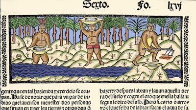 Aranybányászat: az őslakosok a folyót szitálják arany után kutatva. Metszet Gonzalo Fernandez de Oviedo (Gonzalo) vagy Fernandez de, vagy Hernandez de Oviedo és Valdes (1478-) „India, szigetek és az óceán tenger szilárd földje általános története” című kön alkotó: Spanish School