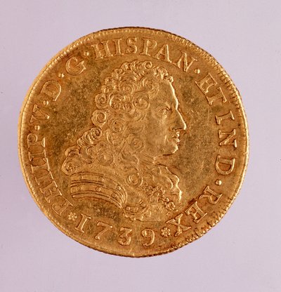 Arany érme (8 ecu) Spanyolországból: V. Fülöp (Filippo vagy Philippe) uralkodása (1700-1746). 1739 átm. 3,6 cm Nápoly, museo archeologico alkotó: Spanish School