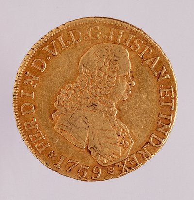 Arany érme (8 eku) Spanyolországból: VI. Ferdinando (Ferdinand) uralkodása (1746-1759). 1759 Átm. 3,5 cm Nápoly, Régészeti Múzeum alkotó: Spanish School