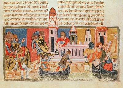 Történelmi „B” kezdőbetű, amely két lovagot ábrázol csatában, a „Libre Verd”-ből, 1380 körül (vellum) alkotó: Spanish School