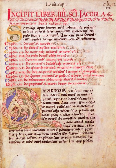 A három sárkányt ábrázoló történelmi „Q” betű, Compostelai Szent Jakab zarándokkalauzának első oldala a „Codex Calixtinus”-ból alkotó: Spanish School