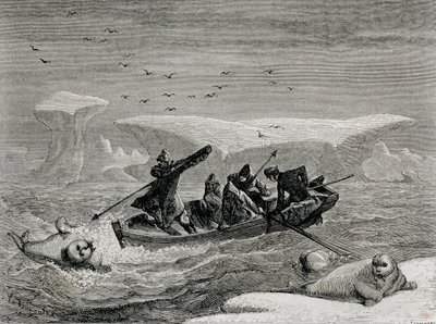 Vadászat rozmárra szigonnyal a Spitzbergákon, Svalbard szigetvilág, illusztráció a „Visszatérés a világba” című filmből, 1865 alkotó: Spanish School