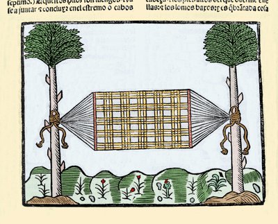 A függőágy találmánya: ez a találmány forradalmasította a tengerészek életét a hajókon. Előtte aludtak a nedves fedélzeten. Metszet Gonzalo Fernandez de Oviedo (Gonz) „Historia general de las Indias, islas y tierra firme del mar oceano” című könyvéből alkotó: Spanish School