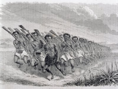 Maori harcosok háborús táncot adnak, illusztráció a „Visszatérés a világba” című művéből (metszet) alkotó: Spanish School