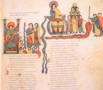 Mózes és Áron a fáraó előtt, Mózes a kígyóval és megalkotta Egyiptom egyik csapását azáltal, hogy botjával a Nílus vizét vérré változtatta, a vizigót-mozarab Biblból alkotó: Spanish School