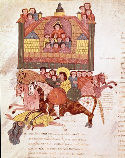 Mozarab bibliaoldal: Jezabel királynő halála, oldal egy mozarab bibliából alkotó: Spanish School