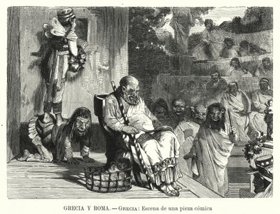Vígjáték előadása az ókori görögországi színházban (litho) alkotó: Spanish School