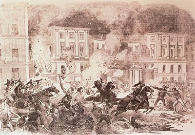 Populista felkelés Madridban, a zavargók megpróbálják felgyújtani Mária Krisztina királynő palotáját 1854-ben (litho) alkotó: Spanish School