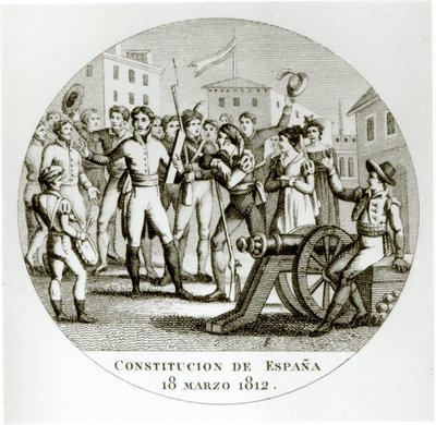 A liberális alkotmány 1812. március 18-i kihirdetése a hazafiak által, amelyet Cadizban hirdettek ki a Cortes alkotó: Spanish School