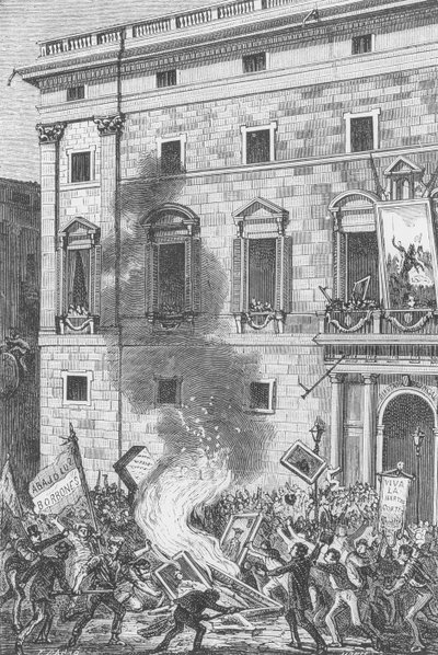 A barcelonai emberek a Bourbonok portréit égetik, 1868 (metszet) alkotó: Spanish School