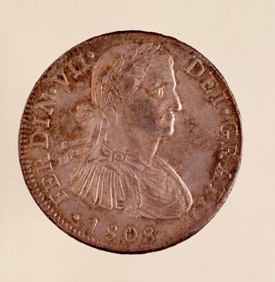 Ezüst érme (8 real) Spanyolországból: VII. Ferdinánd (Ferdinando) uralkodása (1808-1833). 1808 Átm. 3,9 cm Nápoly, Régészeti Múzeum alkotó: Spanish School