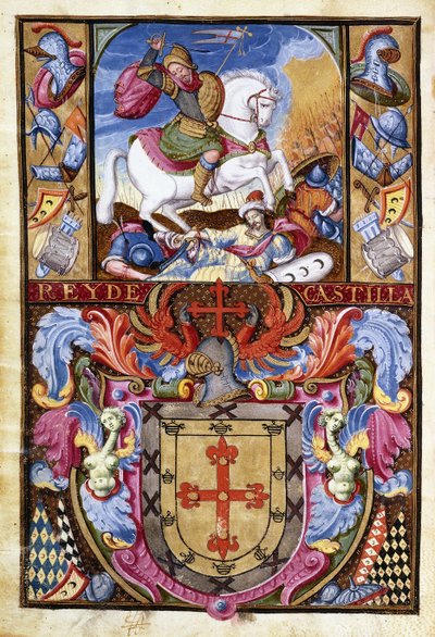 Szent Jakab fehér lovon, lovaglás a mórok holttestén és a Gomez család címere, 1606 alkotó: Spanish School