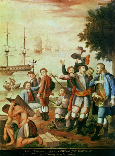 Mexikó meghódítása: Diego Velasquez de Cuellar (1465-1524) Hernando Cortes-t (1485-1547) választja az Armada tábornokává, és parancsnokságot ad neki (olaj, vászon) alkotó: Spanish School
