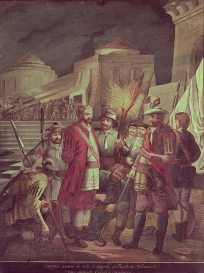 Mexikó meghódítása: Hernando Cortes (1485-1547) éjszaka megtámadja Panfilo Narvaez kerületét (olaj, vászon) alkotó: Spanish School