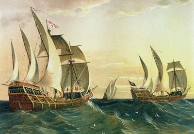 A "Pinta", a "Nina" és a "Santa Maria" Nyugat-Indiák felé hajózik 1492-ben, az Amerika felfedezéséből alkotó: Spanish School