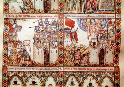 A szaracénok egy keresztény várost ostromoltak Részlet a Mária énekének (Cantigas de Santa Maria) kéziratának egyik oldaláról, Szent Máriának és csodáinak szentelt miniatúrákat díszítve, Alfons uralkodása alatt újjáéledő dalgyűjtemény alkotó: Spanish School