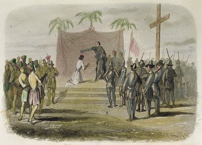 Április 14-én megkeresztelték Cebu sziget királyát és további ötszáz indiánt a Magellán expedíció tagjai. alkotó: Spanish School
