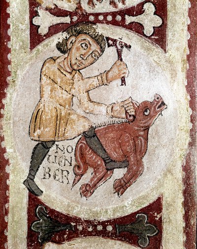 A hónapok ciklusa: november (disznóvágás). Egy 12. századi freskó részlete a San Isidoro Real Colegiata (Royal Collegiale of Saint Isidore) királyi panteonjáról. Leon. Spanyolország alkotó: Spanish School