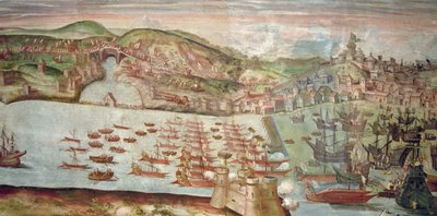 A flotta belépése Lisszabonba, a Portugália elleni tengeri hadjárat jelenete, amelyet Alvaro de Bazan, II. Fülöp Spanyolország uralkodása alatt vezetett (freskó) alkotó: Spanish School