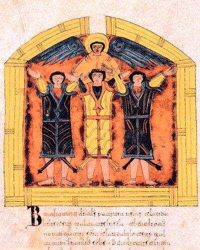 A három héber, Sidrák, Mesák és Abed-négo, amelyet Nabukodonozor öntött a kemencébe, a 318v. fol., Szent Izidór vizigót-mozarab Bibliájából, Kr.u. 960 (tempera pergamen) alkotó: Spanish School