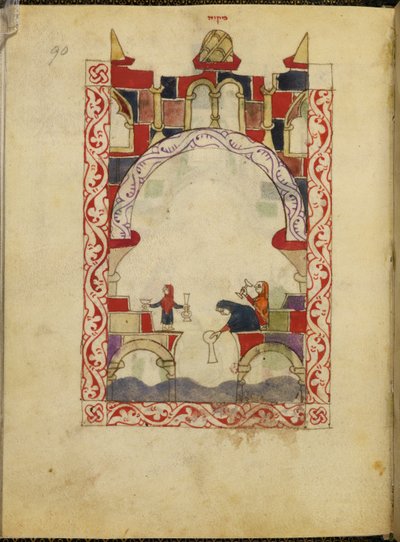 Három nő edényeket merítenek egy medencébe. Egy spanyol-moreszk Haggadah megvilágított kézirata, 1300 körül, Spanyolország, Or. 2737, fol. 90 (vellum) alkotó: Spanish School