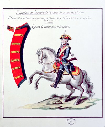 A Havanna Lovasezred önkénteseinek egyenruha, 1763 (nyomtatás) alkotó: Spanish School