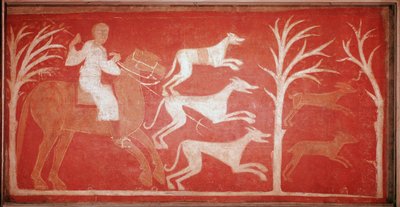 vad után futó kutyákat ábrázoló vadászjelenet. 1150. Freskó Baudelio de Berlanga remeteségéből, Soria. Őrizze a Prado Múzeumban. alkotó: Spanish School