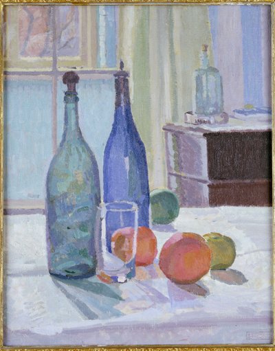 Kék és zöld palackok és narancsok alkotó: Spencer Frederick Gore