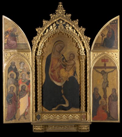 A keresztre feszítés a Szűz Angyali üdvözlettel alkotó: Spinello Aretino