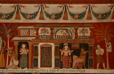 Falfestmény, amely egy szingaléz házat ábrázol a Subdharama templomban, Dehiwala (falfestmény) alkotó: Sri Lankan School