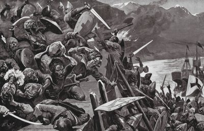 Keresztes lovagok ostromolják Nicaea-t (litográfia) alkotó: Stanley L. (after) Wood