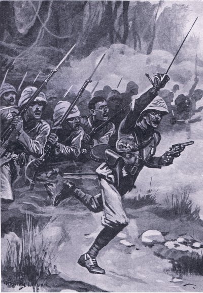 A britek az Ashantis ellen Amoafulnál támadásban, 1874. január 31., illusztráció a brit szárazföldi és tengeri csatákból, 1915 alkotó: Stanley L. Wood