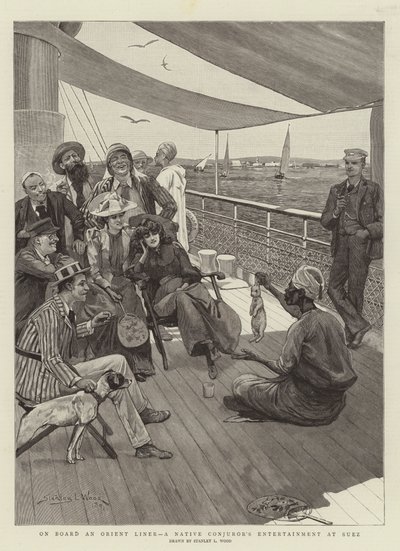 Egy Orient Liner fedélzetén, egy bennszülött varázsló szórakoztatása Szuezben alkotó: Stanley L. Wood